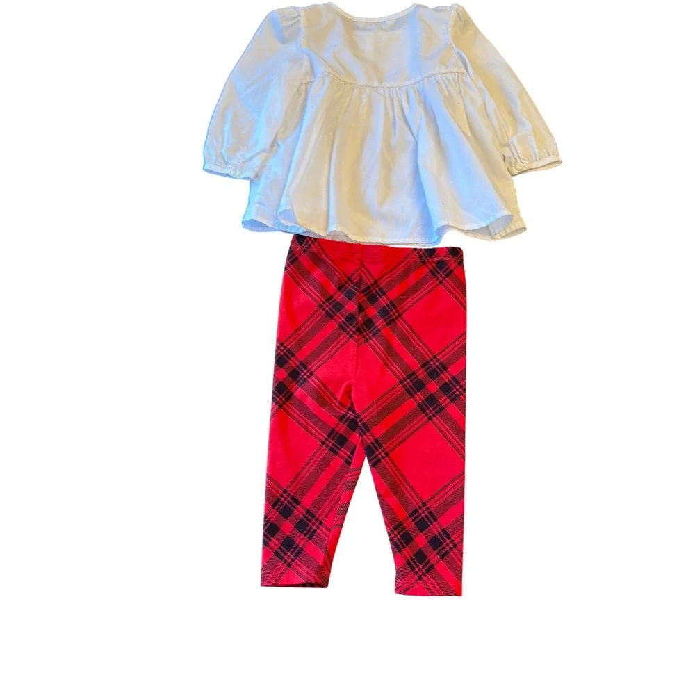 Ralph Lauren Outfit Set White Red Plaid Tunic and Leggings 9M Holiday Preppy
